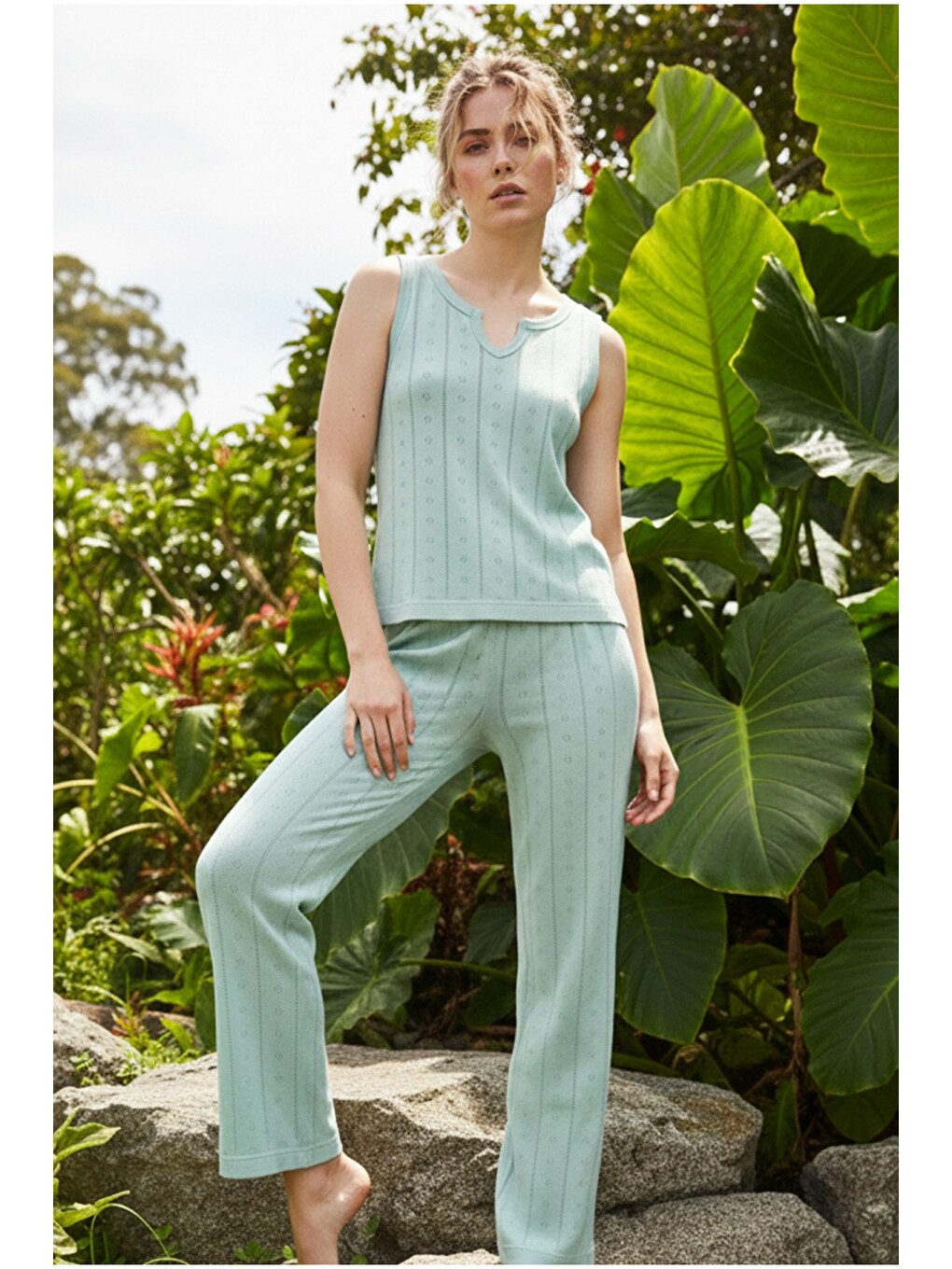 Yeşil Pointel Ajurlu/delikli Kolsuz Örme Pijama Takım26120566-1