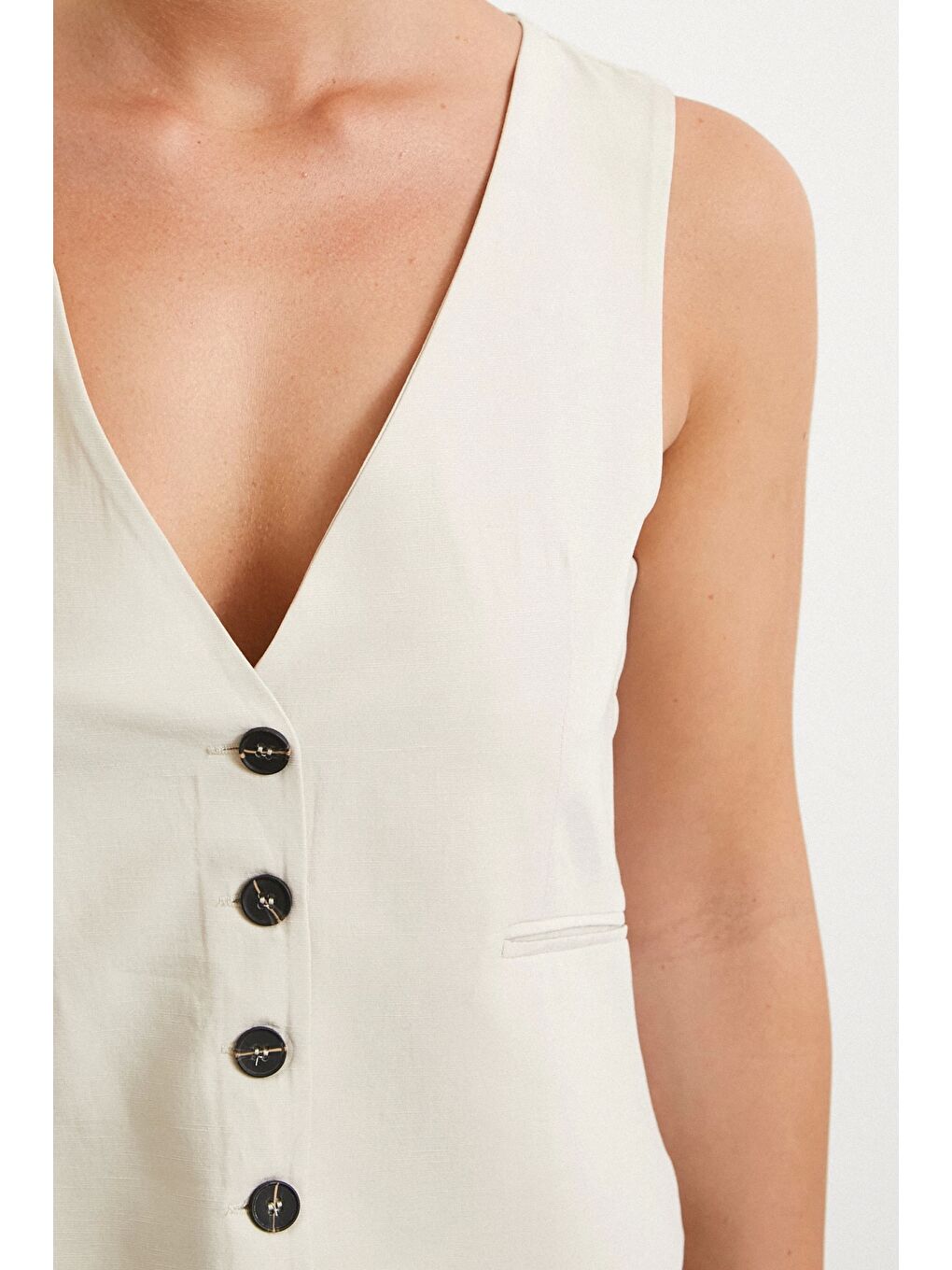 Ekru Cep Kapaklı Keten Yelek Krem-4