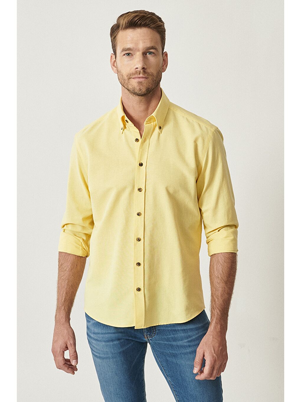 Erkek Sarı Slim Fit Dar Kesim Düğmeli Yaka Pamuklu Oxford Gömlek-1