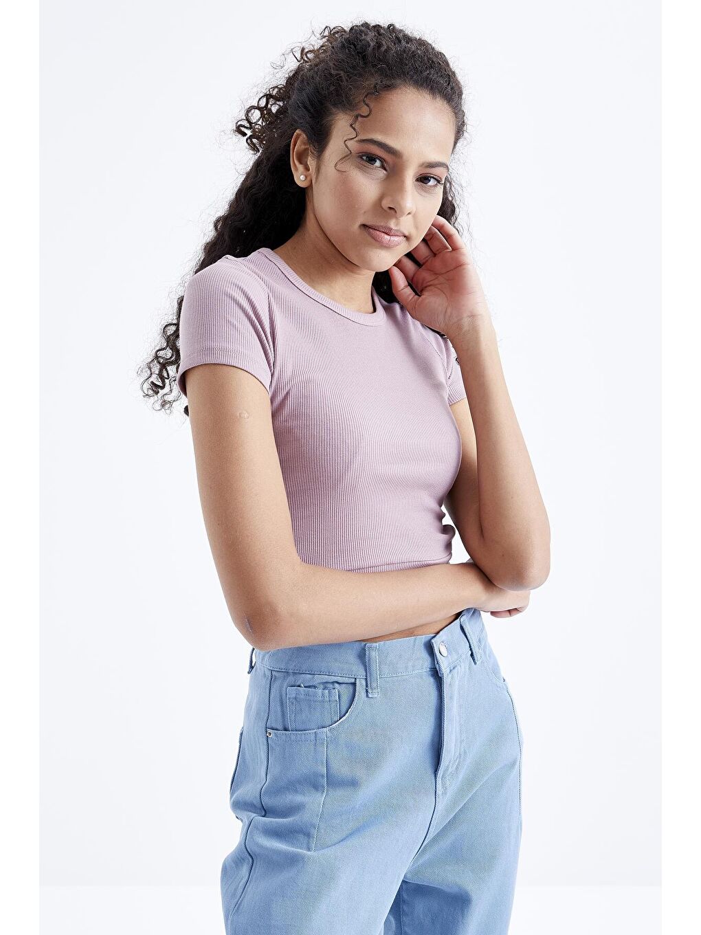 TOMMYLIFE Pembe Gül Kurusu Basic Yanı Pencereli O Yaka Kadın Crop Top T-Shirt - 97207 - 2