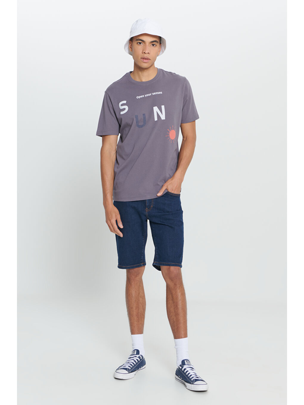 Erkek Antrasit Comfort Fit Rahat Kesim %100 Pamuk Baskılı Bisiklet Yaka Tişört-1