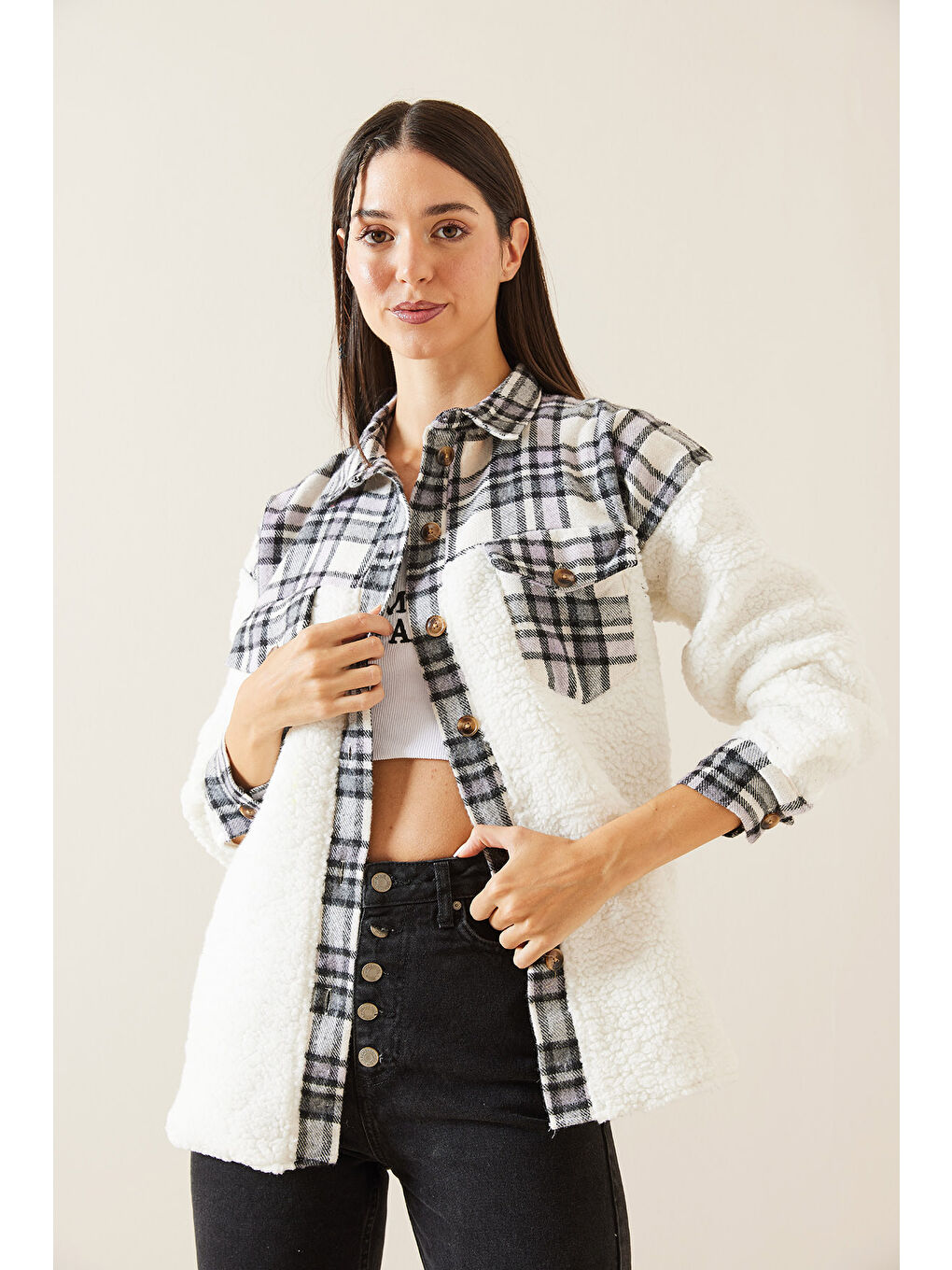 Lila Ekose Desenli Pelüş Gömlek Ceket 5KXK4 48956 26-1