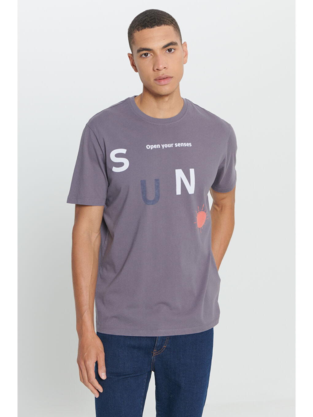 Erkek Antrasit Comfort Fit Rahat Kesim %100 Pamuk Baskılı Bisiklet Yaka Tişört-2