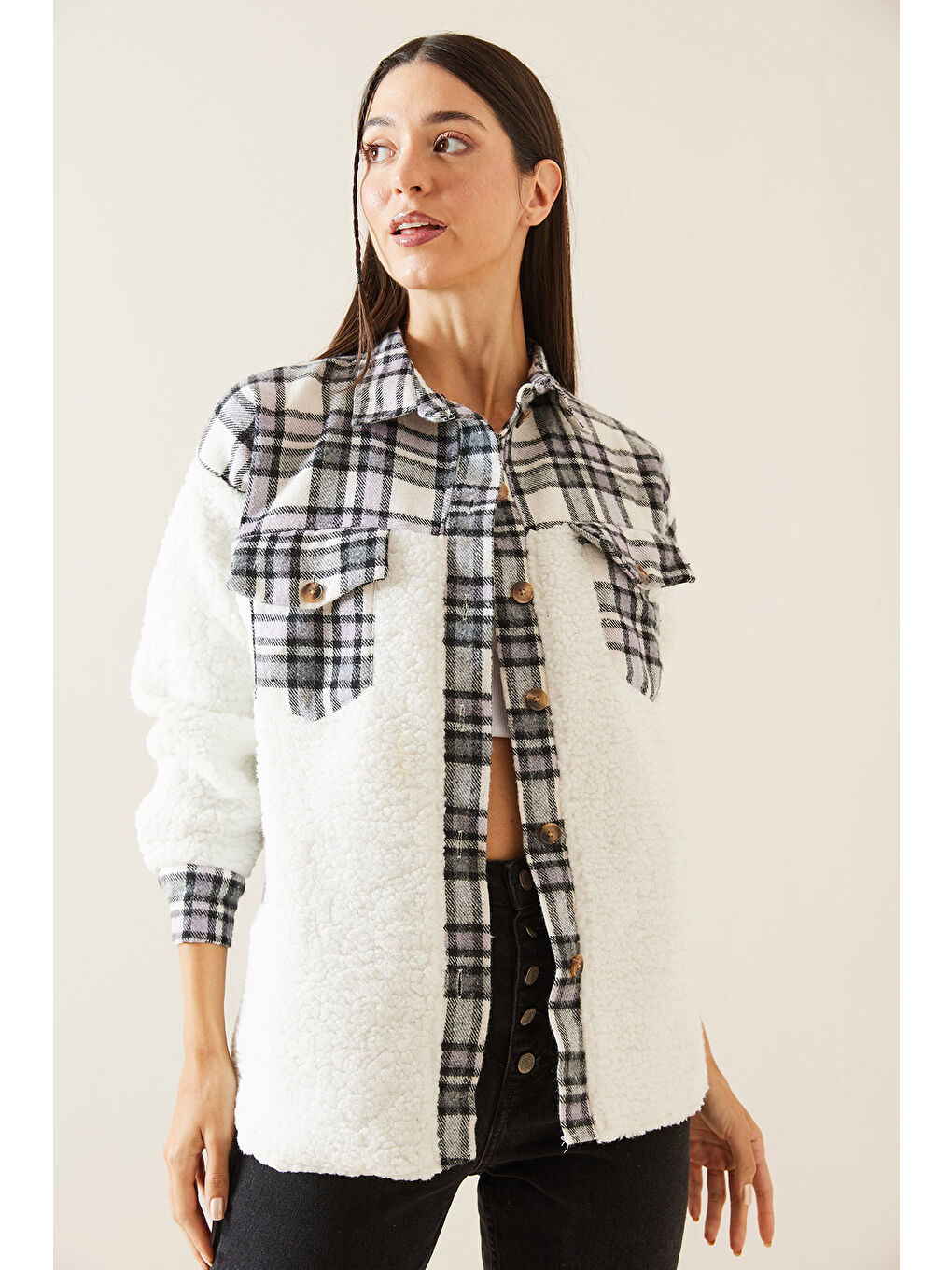 Lila Ekose Desenli Pelüş Gömlek Ceket 5KXK4 48956 26-2