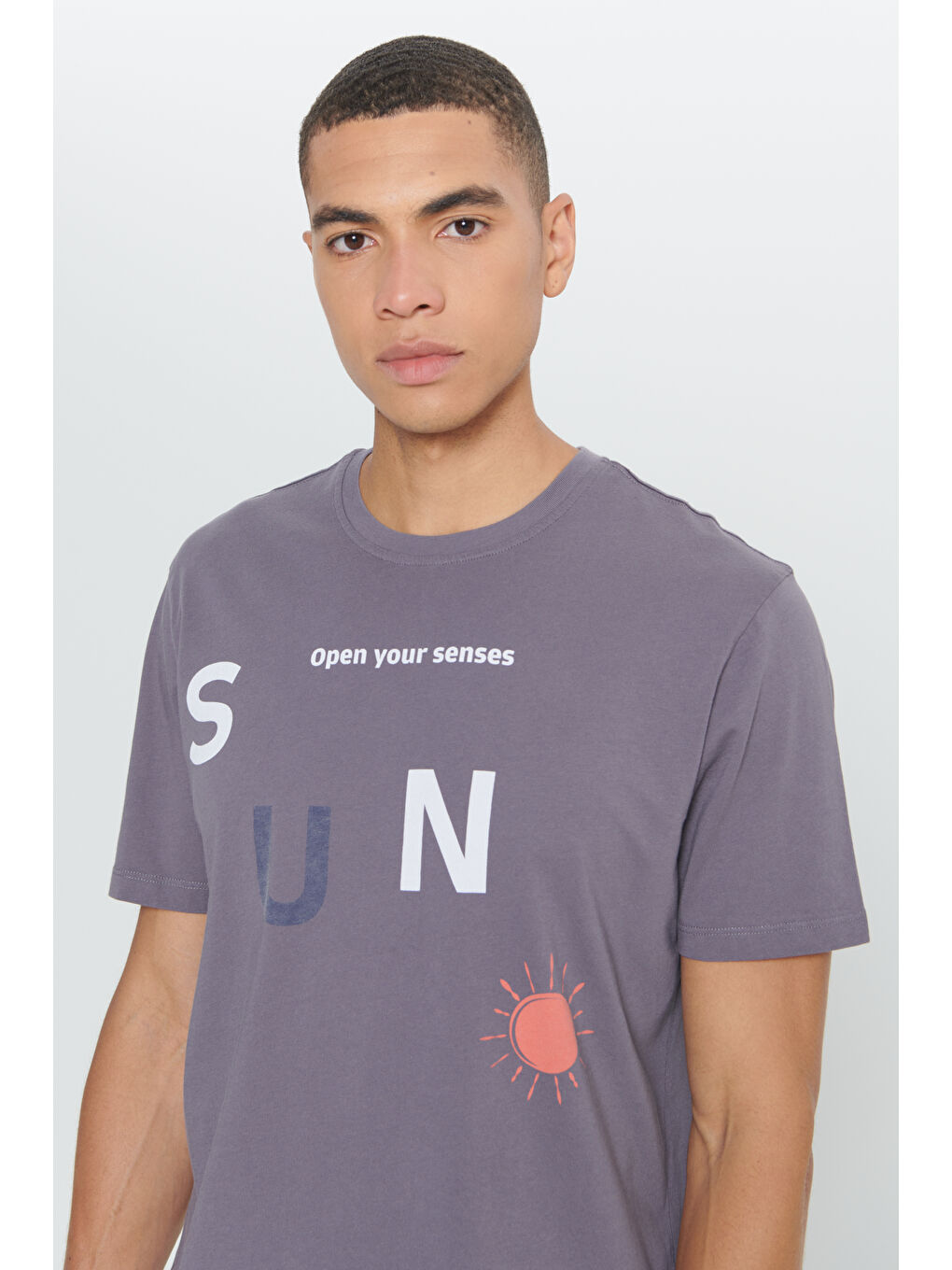 Erkek Antrasit Comfort Fit Rahat Kesim %100 Pamuk Baskılı Bisiklet Yaka Tişört-3