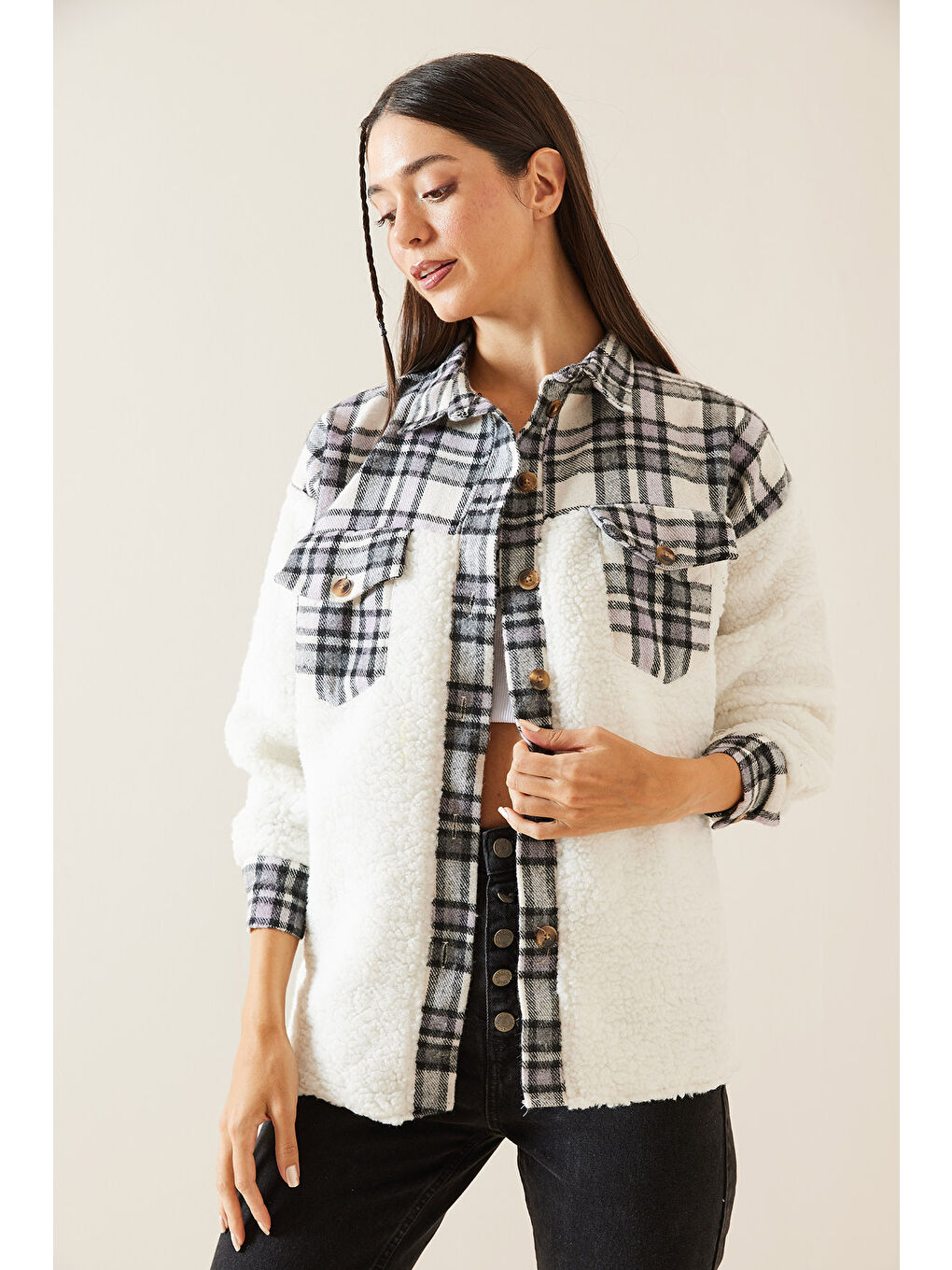 Lila Ekose Desenli Pelüş Gömlek Ceket 5KXK4 48956 26-3