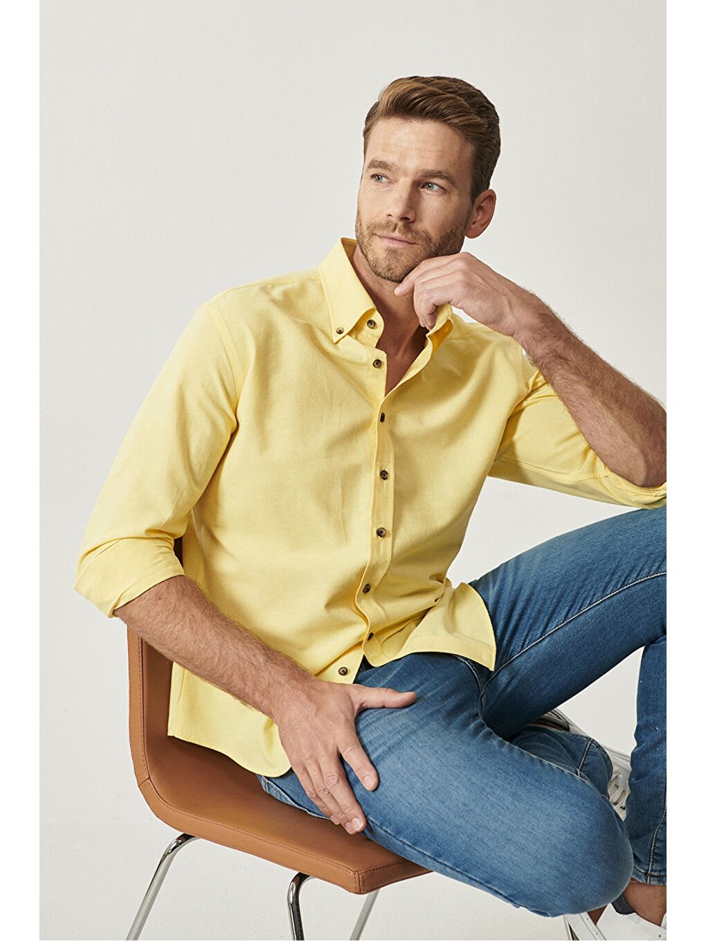 Erkek Sarı Slim Fit Dar Kesim Düğmeli Yaka Pamuklu Oxford Gömlek-2