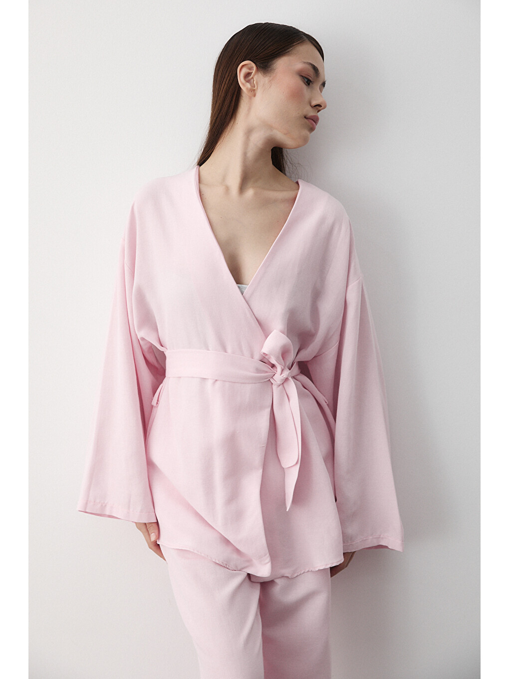Pembe Düğme Detaylı Kemerli Kimono - 005-1