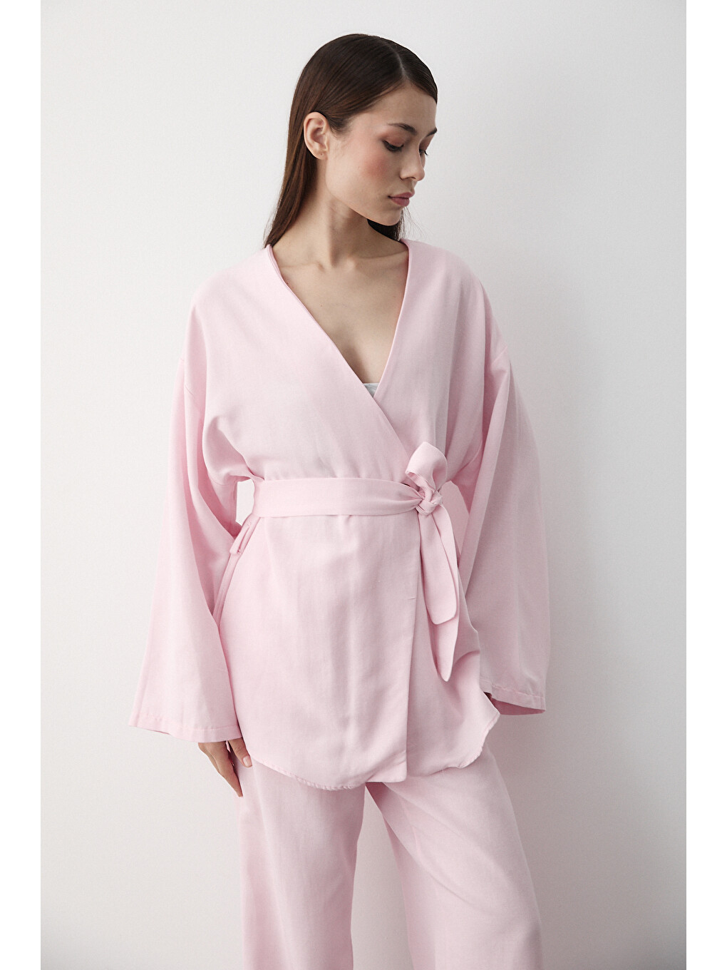 Pembe Düğme Detaylı Kemerli Kimono - 005-2