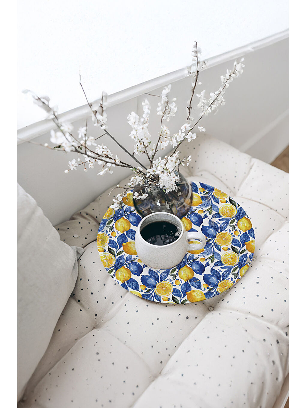 Mavi Dijital Desenli Yuvarlak Sunum Tepsisi