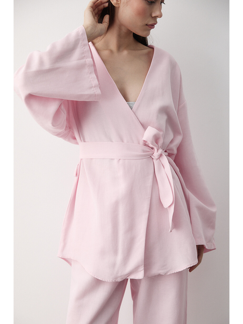 Pembe Düğme Detaylı Kemerli Kimono - 005-3