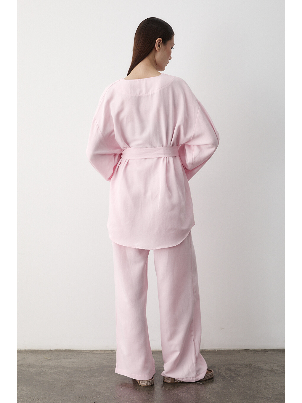 Pembe Düğme Detaylı Kemerli Kimono - 005-4