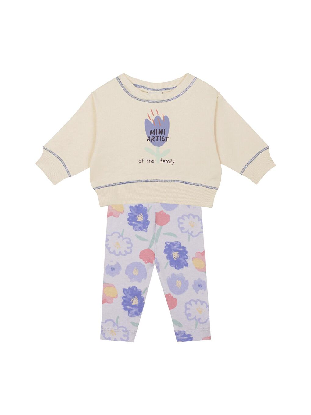 ANTEBIES Mor Çiçek Basklı Sweatshirt Tayt Set - 1