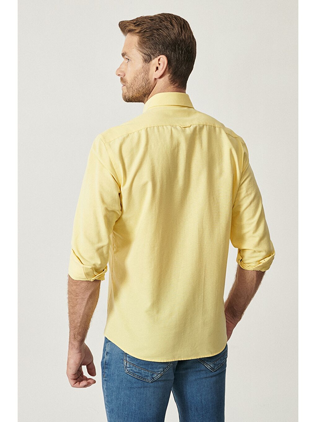 Erkek Sarı Slim Fit Dar Kesim Düğmeli Yaka Pamuklu Oxford Gömlek-3
