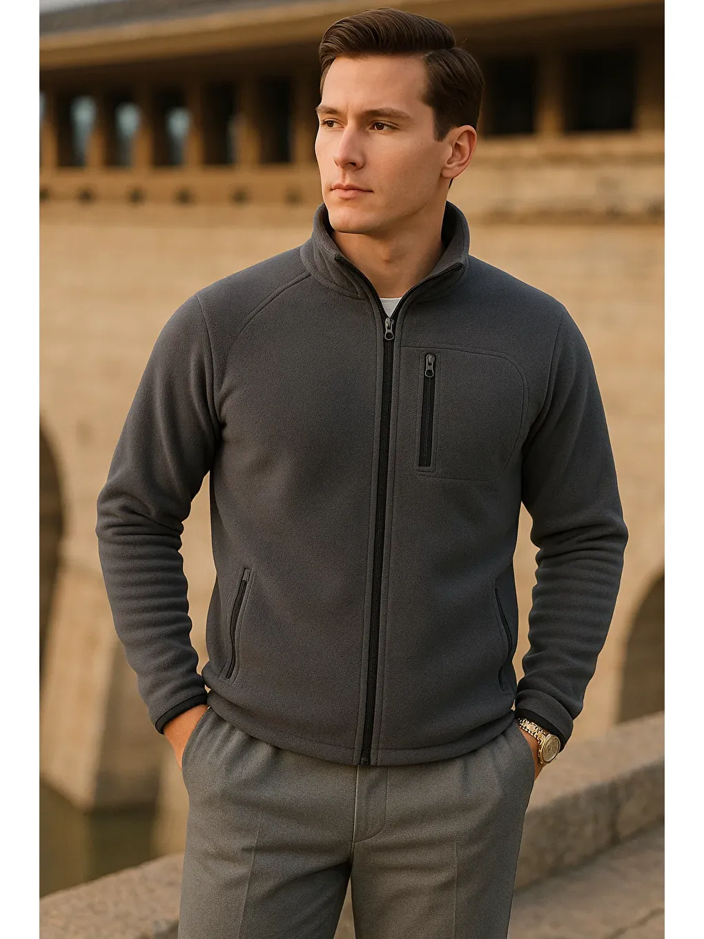 Gri Erkek Kışlık Fermuarlı Trend Cepli Füme Polar Ceket