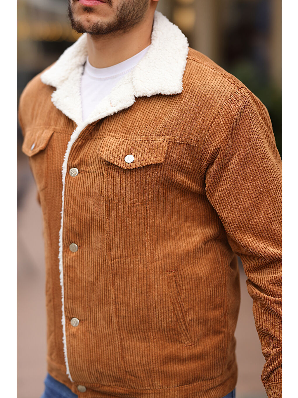 Kahverengi İçi Kürklü Kadife Erkek Pelüş Yaka Mont-1