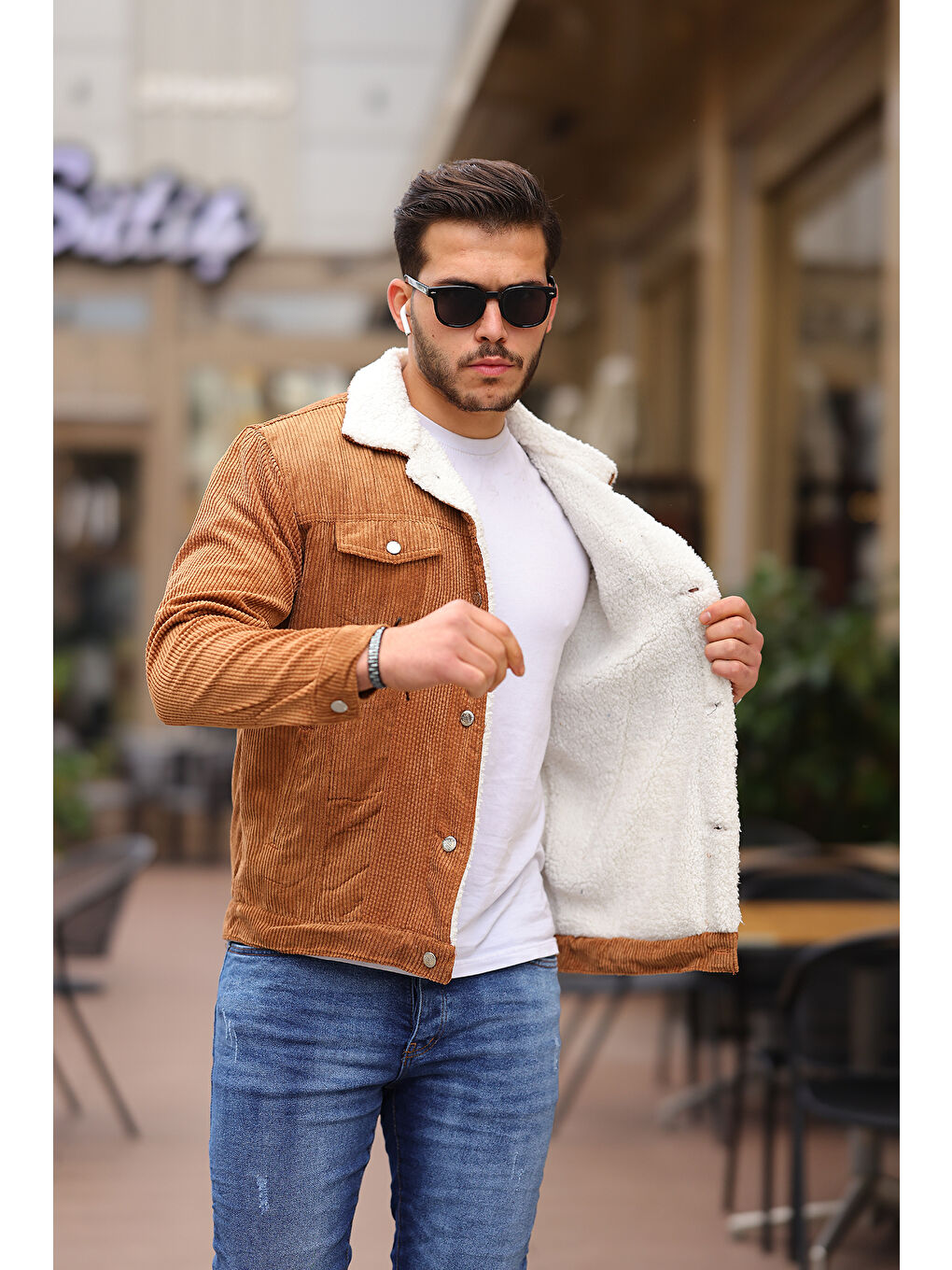 Kahverengi İçi Kürklü Kadife Erkek Pelüş Yaka Mont-2