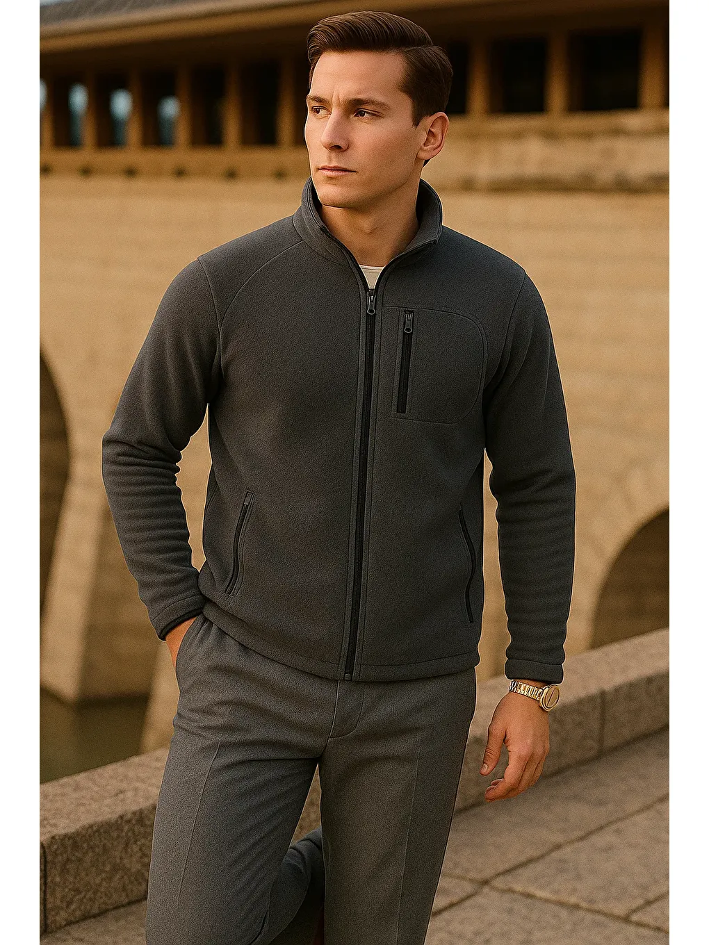 Gri Erkek Kışlık Fermuarlı Trend Cepli Füme Polar Ceket-2