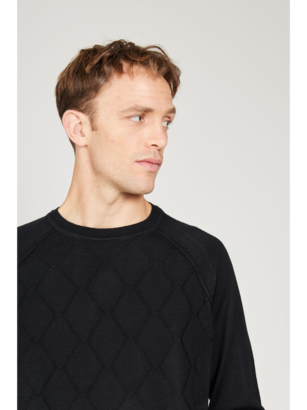 Erkek Siyah Standart Fit Normal Kesim Bisiklet Yaka Jakarlı Triko Kazak-3