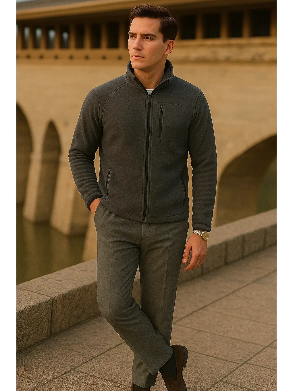 Gri Erkek Kışlık Fermuarlı Trend Cepli Füme Polar Ceket-3