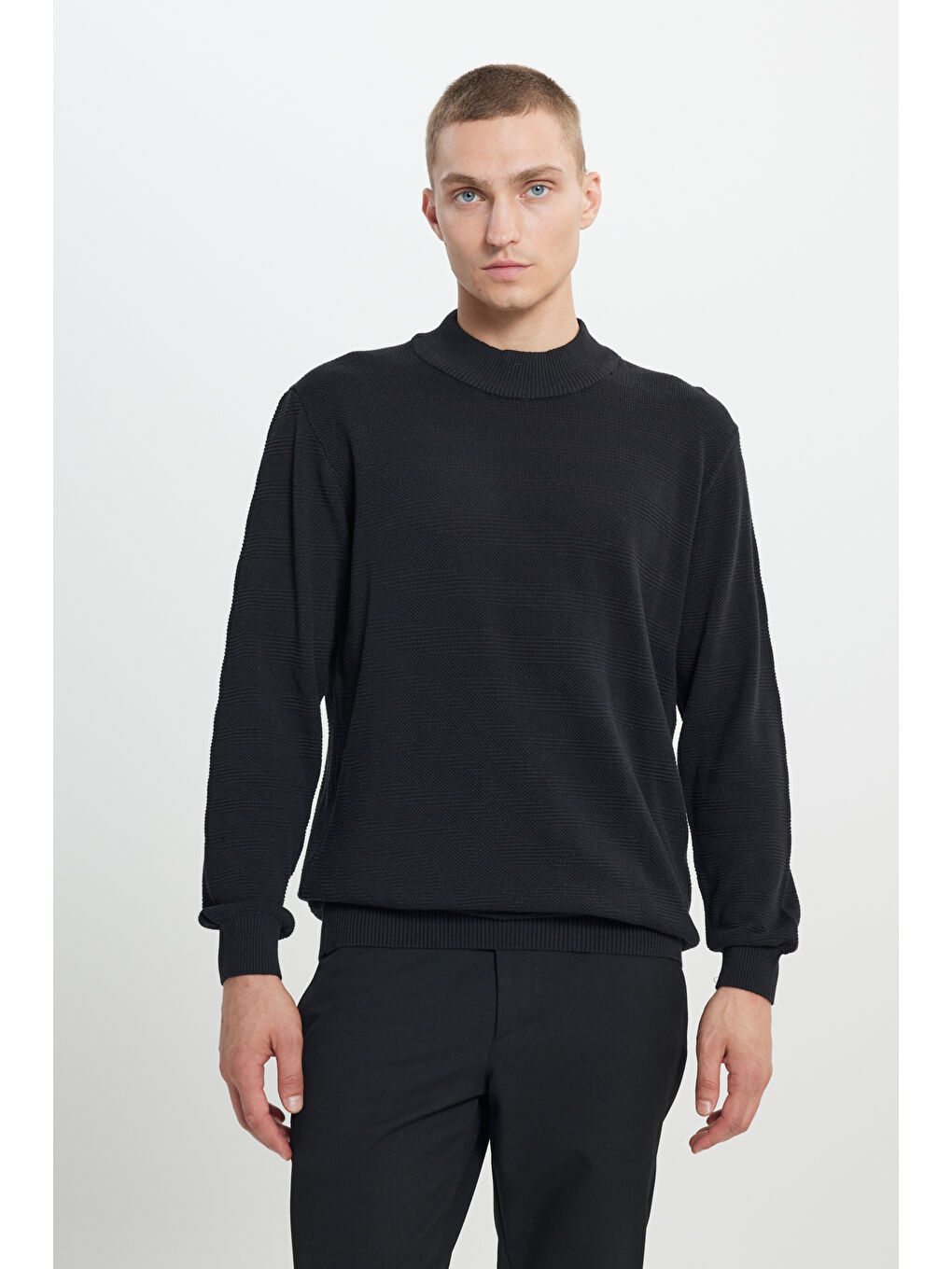 Erkek Siyah Recycle Standart Fit Normal Kesim Yarım Balıkçı Yaka Pamuklu Jakarlı Triko Kazak-2