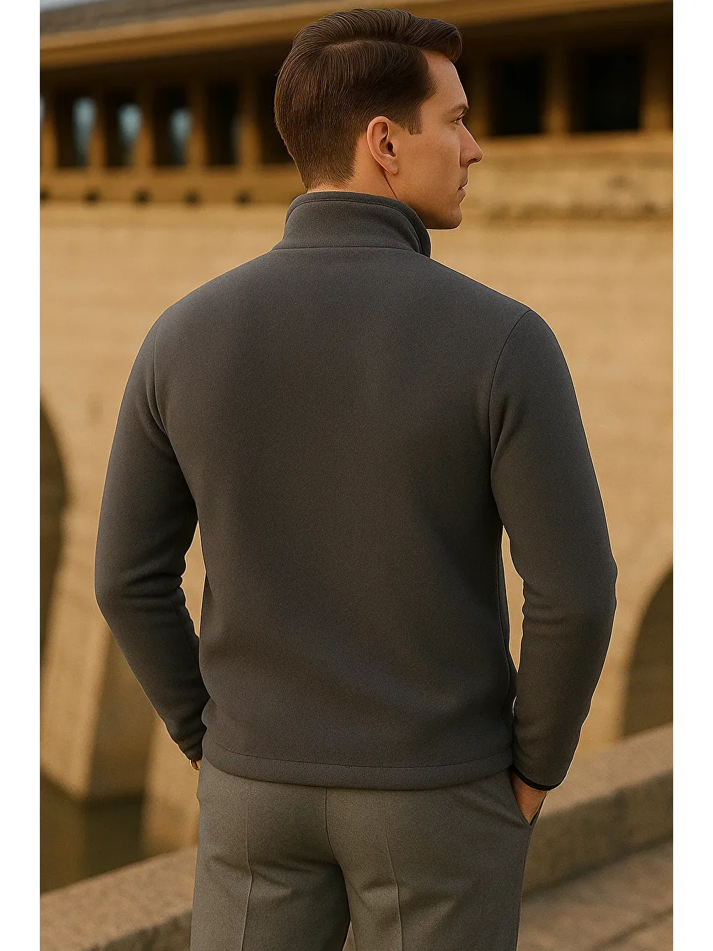 Gri Erkek Kışlık Fermuarlı Trend Cepli Füme Polar Ceket-4