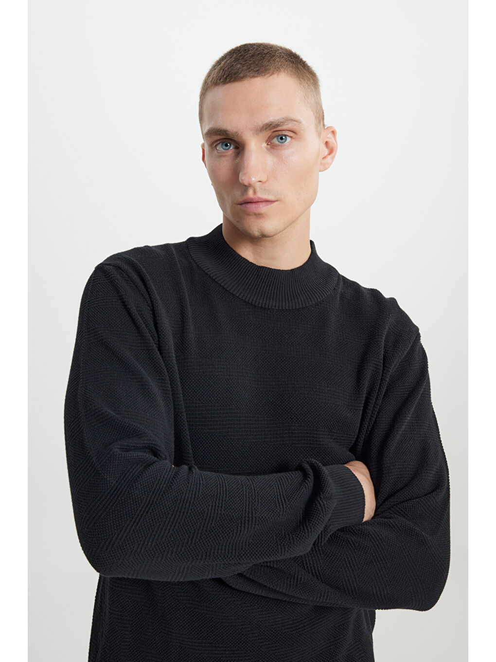 Erkek Siyah Recycle Standart Fit Normal Kesim Yarım Balıkçı Yaka Pamuklu Jakarlı Triko Kazak-3