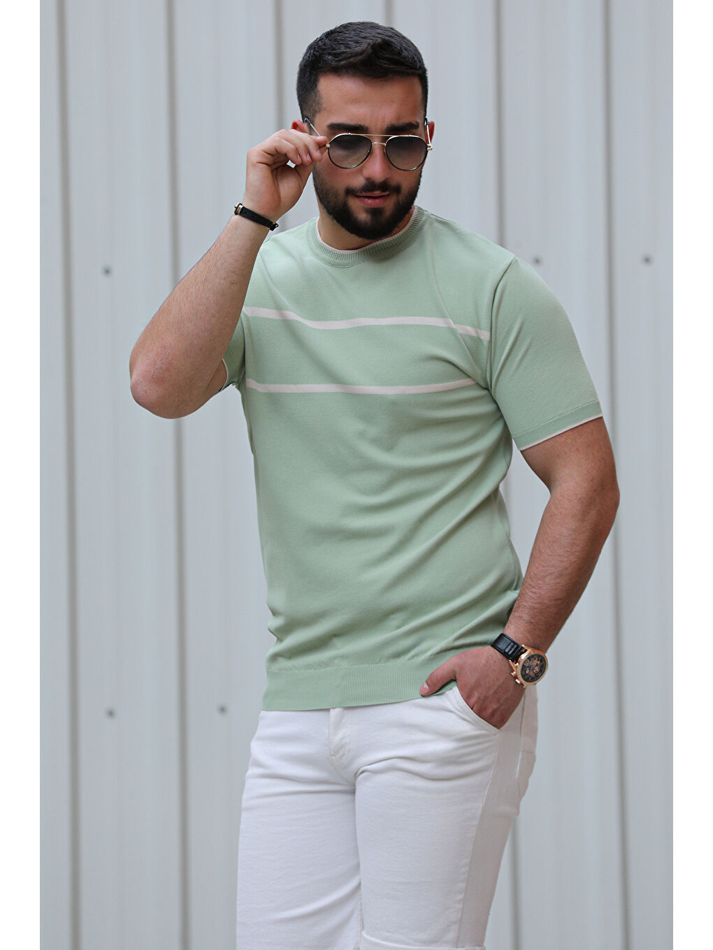 Yeşil Çizgi Detaylı Bisiklet Yaka Erkek Tişört-2