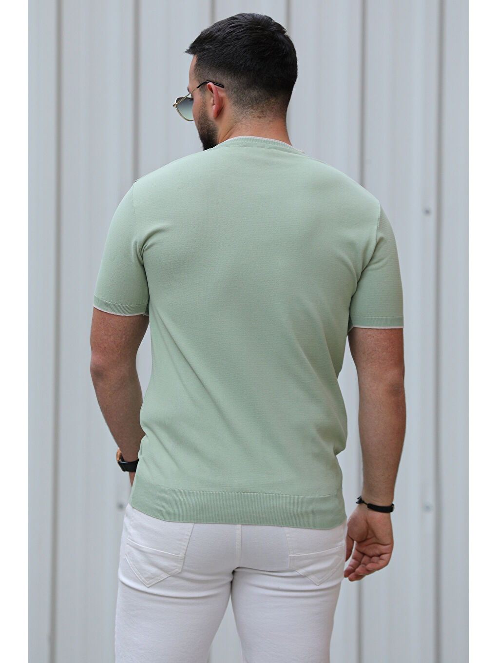 Yeşil Çizgi Detaylı Bisiklet Yaka Erkek Tişört-3