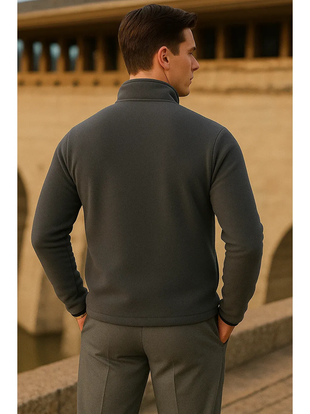 Gri Erkek Kışlık Fermuarlı Trend Cepli Füme Polar Ceket-5