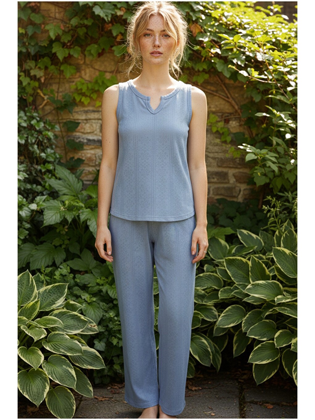 İndigo Pointel Ajurlu/delikli Kolsuz Örme Pijama Takım26120566-1