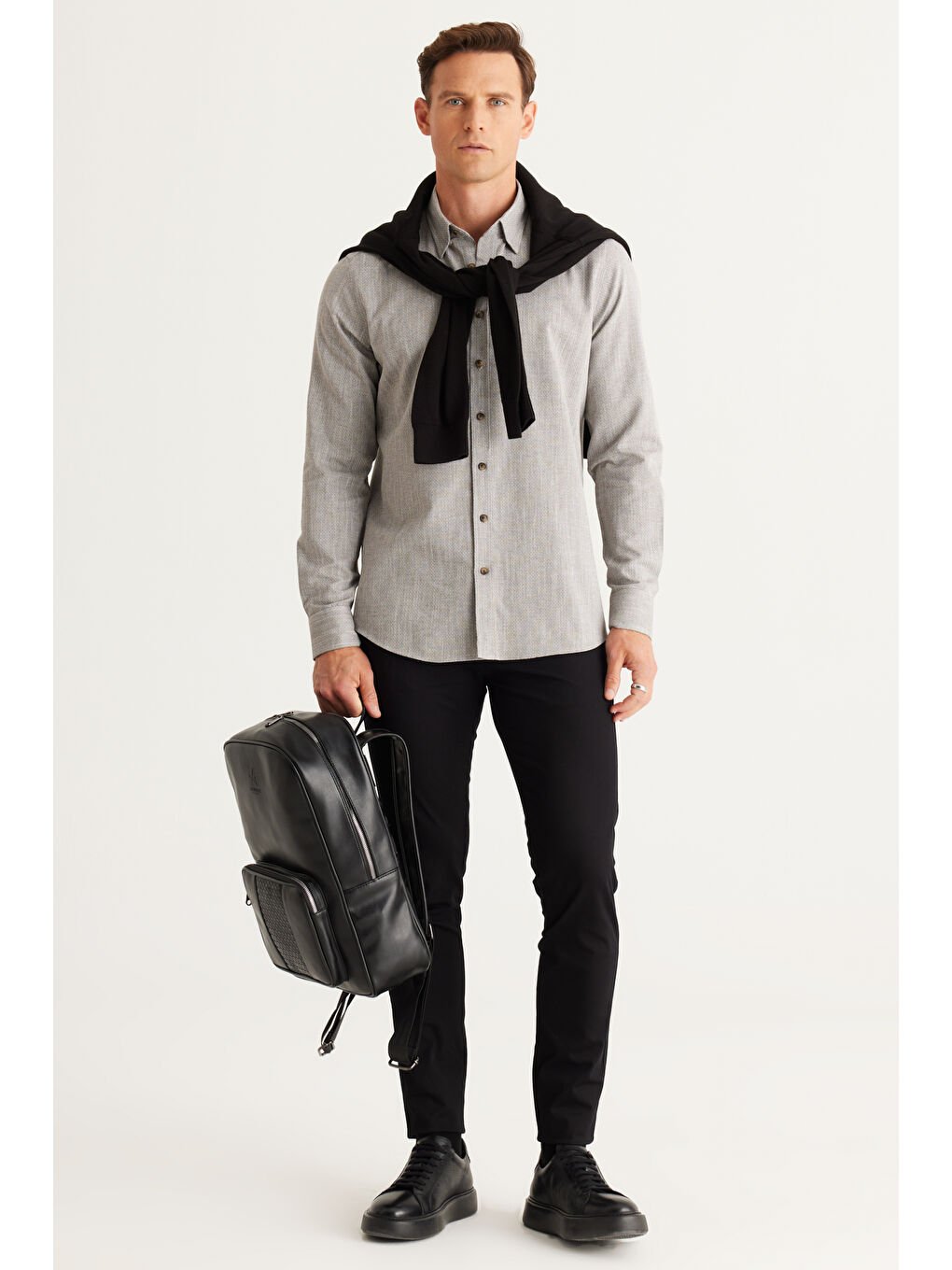 Erkek Haki Slim Fit Dar Kesim Gizli Düğmeli Yaka Pamuklu Armürlü Gömlek-1