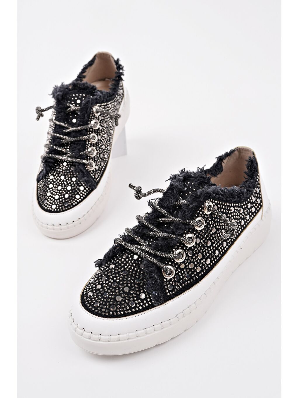 Siyah VİENNA Bağcıklı Taşlı Kadın Günlük Denim Sneaker Spor Ayakkabı