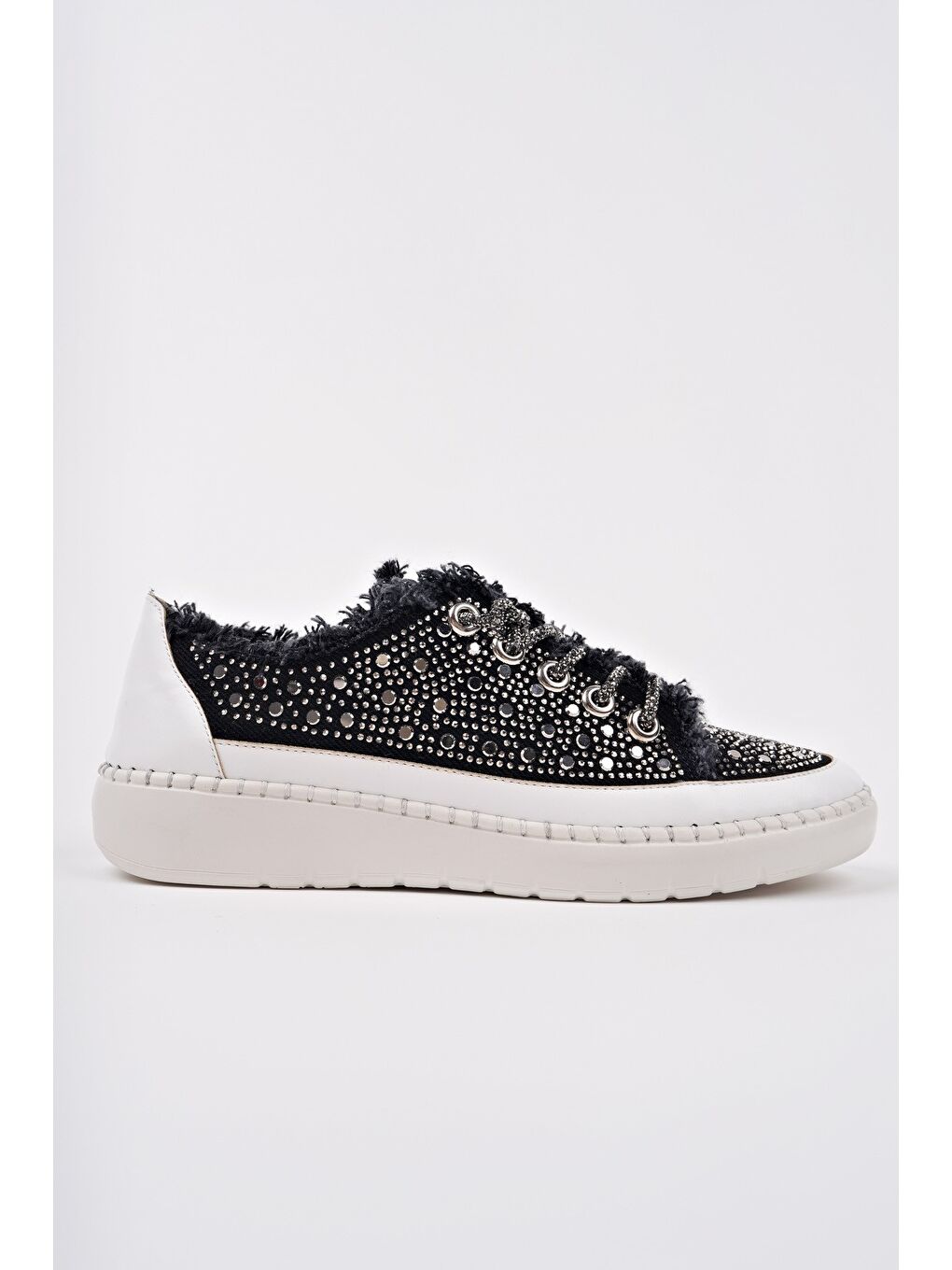Siyah VİENNA Bağcıklı Taşlı Kadın Günlük Denim Sneaker Spor Ayakkabı-1