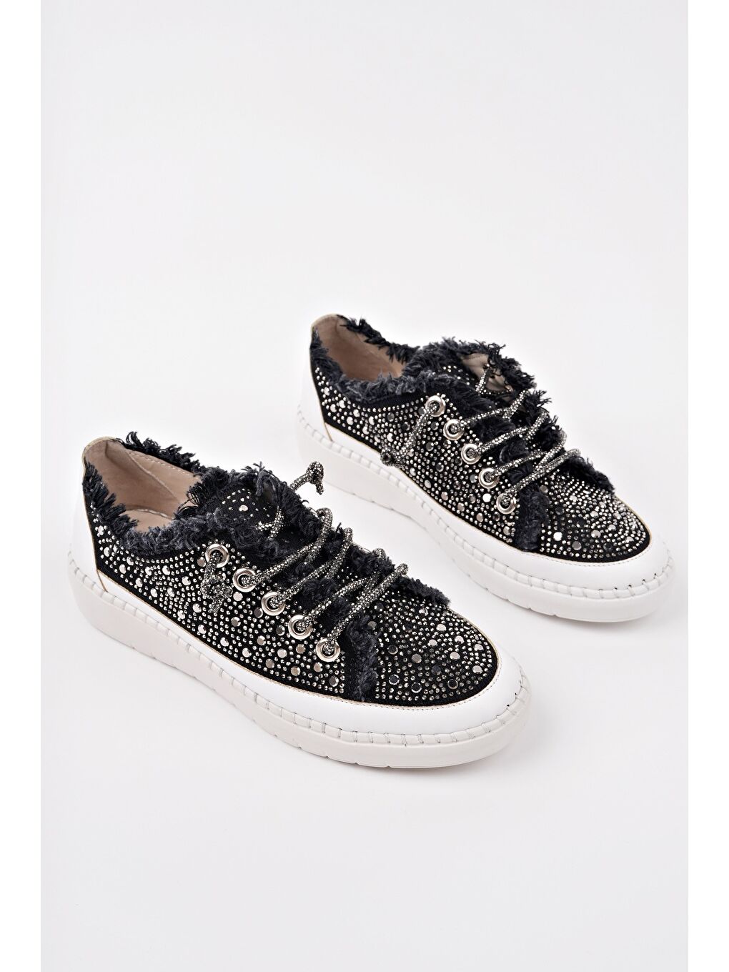 Siyah VİENNA Bağcıklı Taşlı Kadın Günlük Denim Sneaker Spor Ayakkabı-2