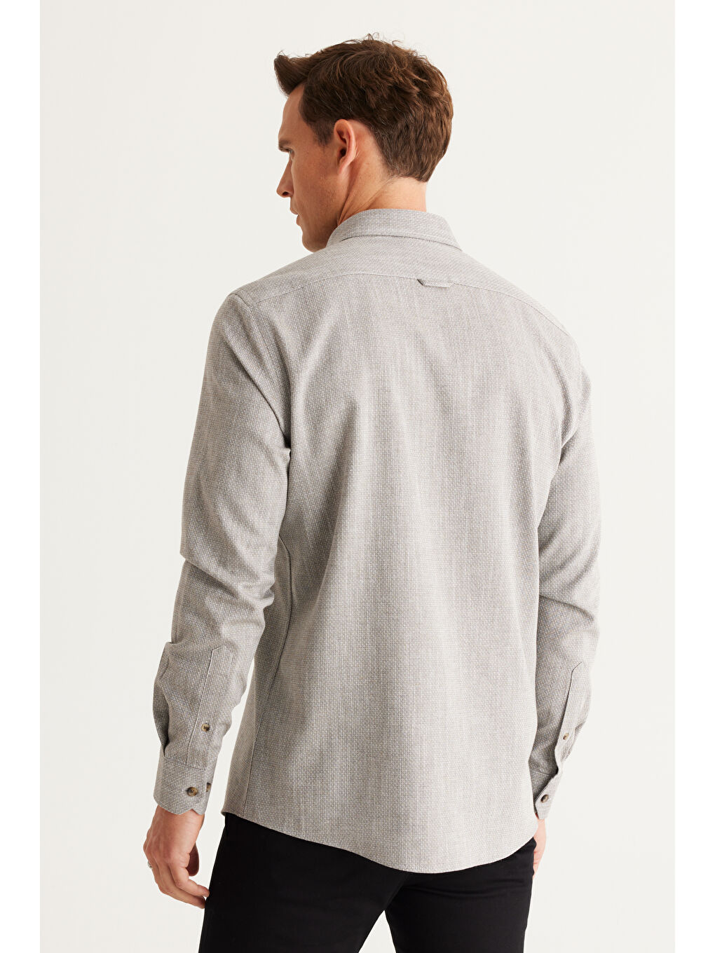 Erkek Haki Slim Fit Dar Kesim Gizli Düğmeli Yaka Pamuklu Armürlü Gömlek-3