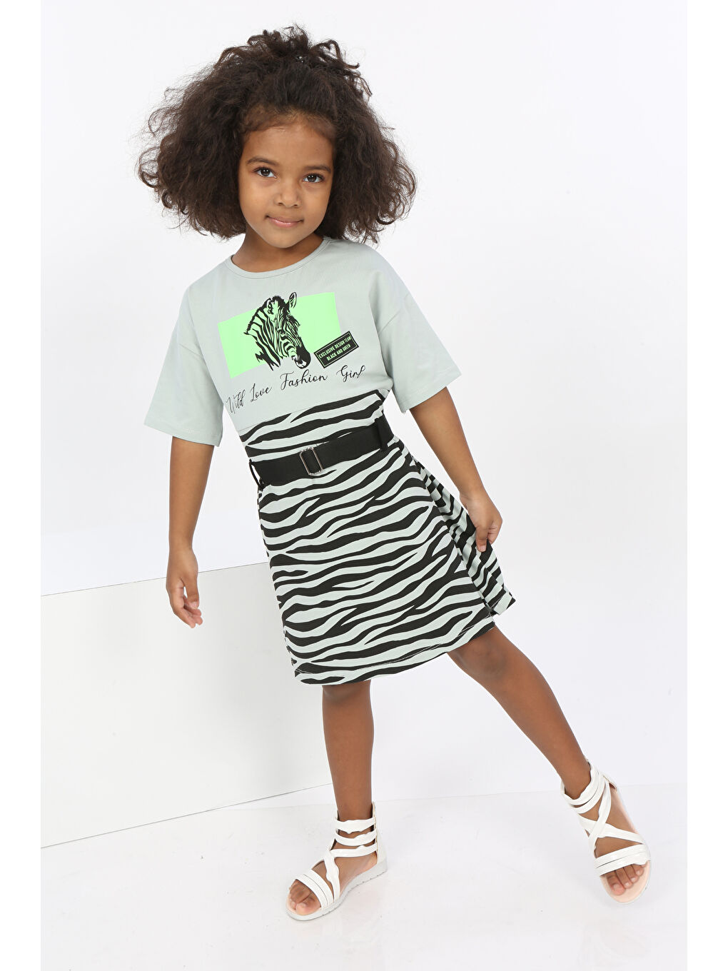 Toontoykids Yeşil Kız Çocuk Zebra Baskılı Elbise - 3