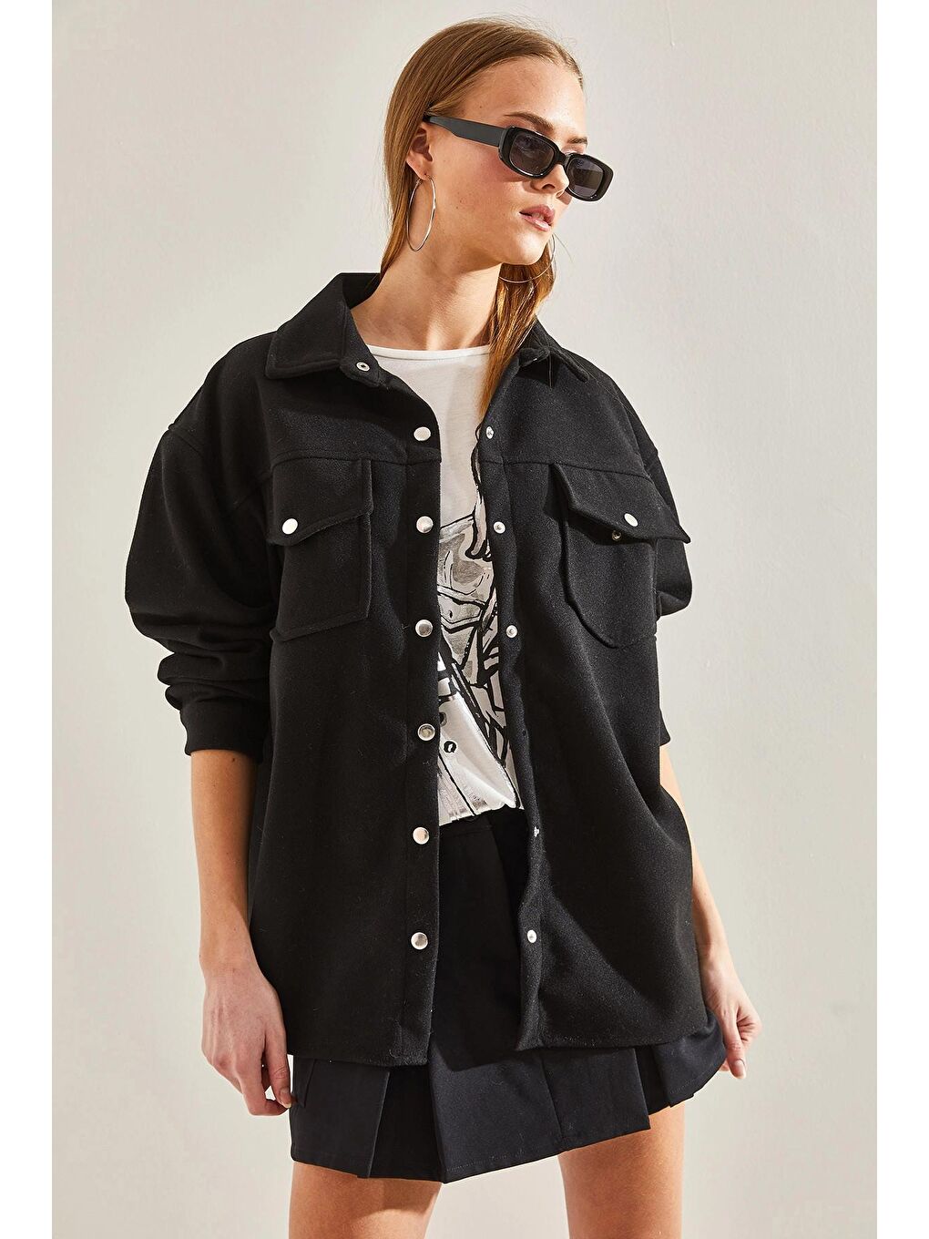 Siyah Kadın Çıtçıtlı Kaşe Gömlek 4428 60101002-1