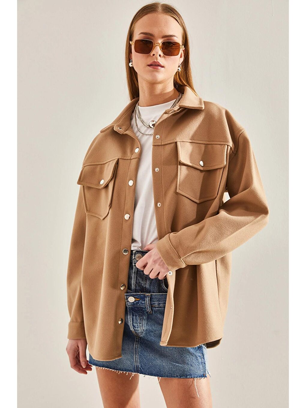 Bej Kadın Çıtçıtlı Kaşe Gömlek 4428 60101002-1