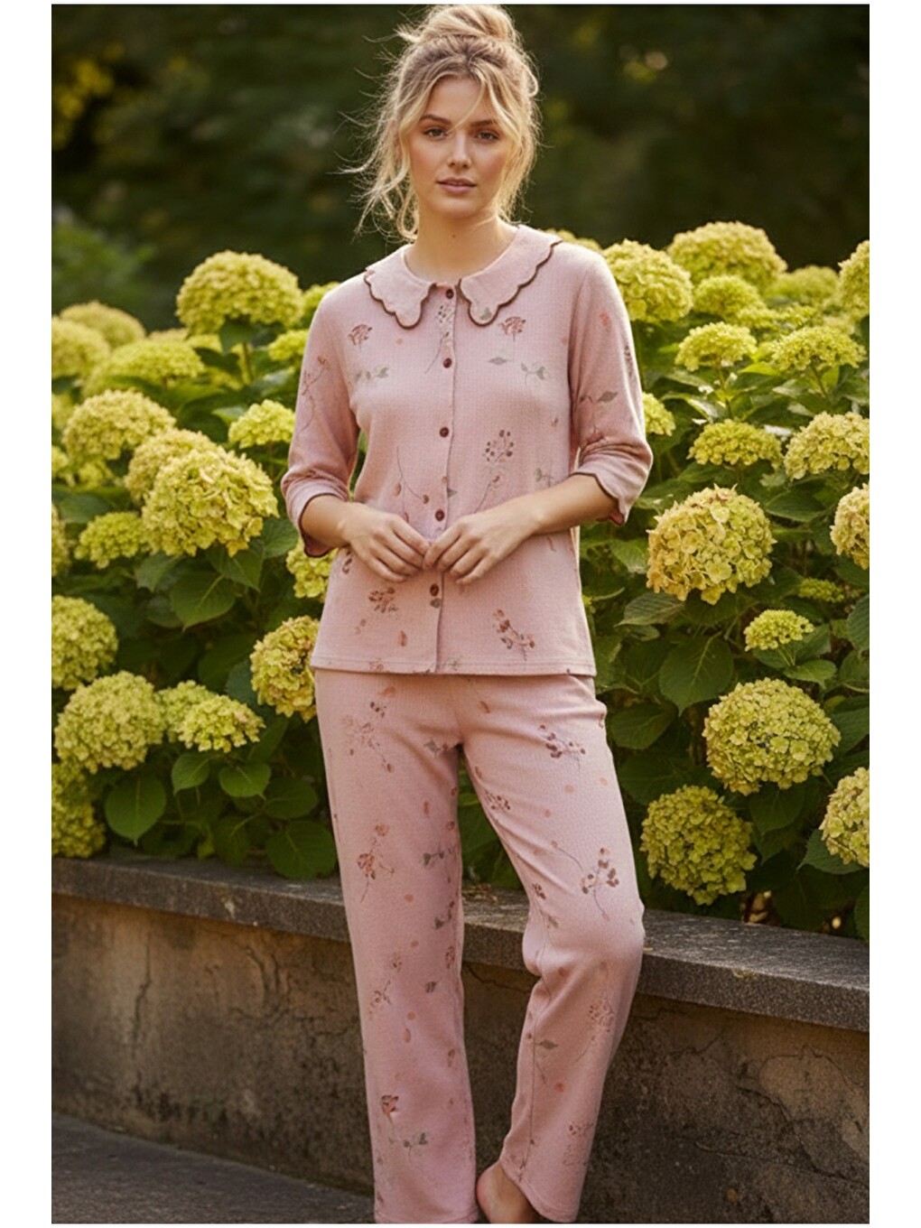 Pembe Bürümcük-krınkıl Nakışlı Düğmeli Pijama Takım 26120575-1