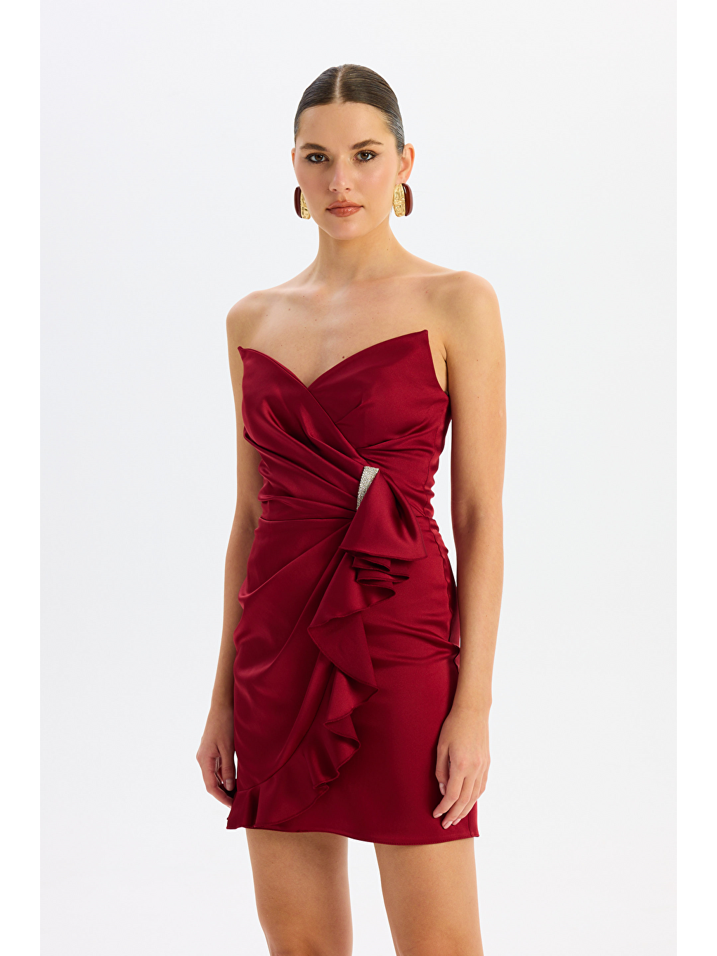 Bordo Straplez Taşlı Saten Abiye Elbise-3