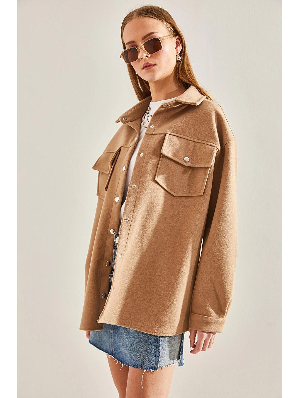 Bej Kadın Çıtçıtlı Kaşe Gömlek 4428 60101002-2