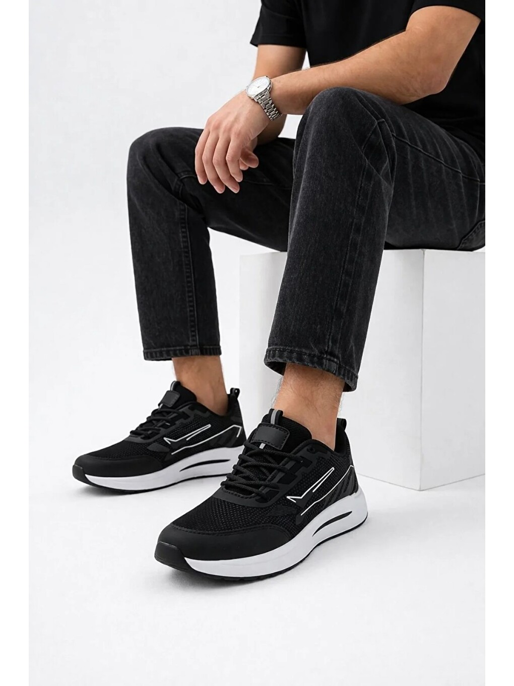 Siyah Erkek Sneaker Modern Tasarım Hafif Air Taban Günlük Rahat Yumuşak Yürüyüş Spor Ayakkabı-2