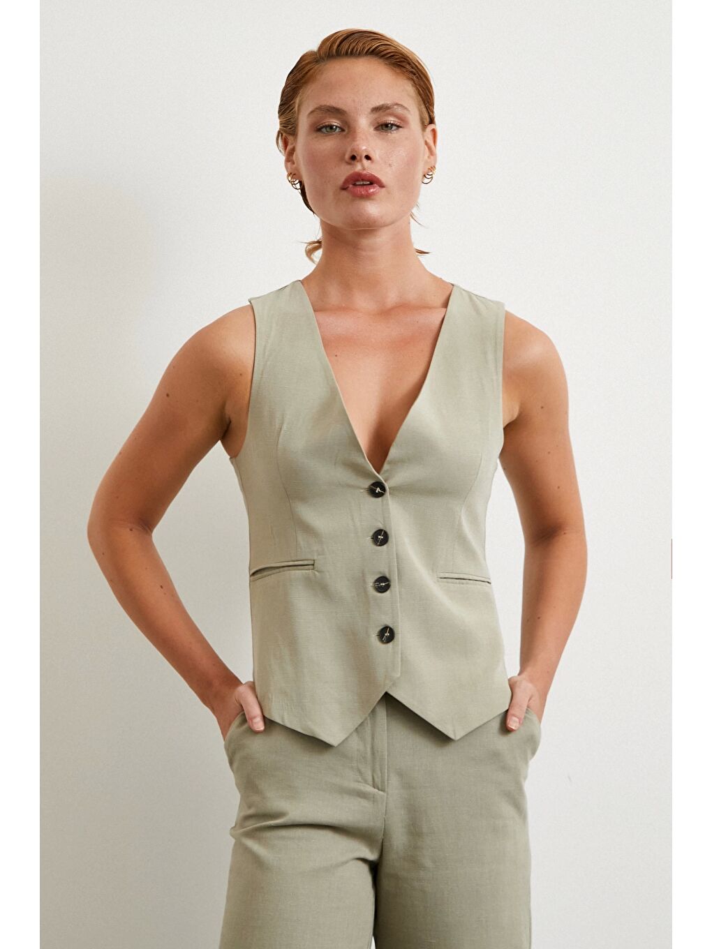 Cep Kapaklı Keten Yelek Gri-1