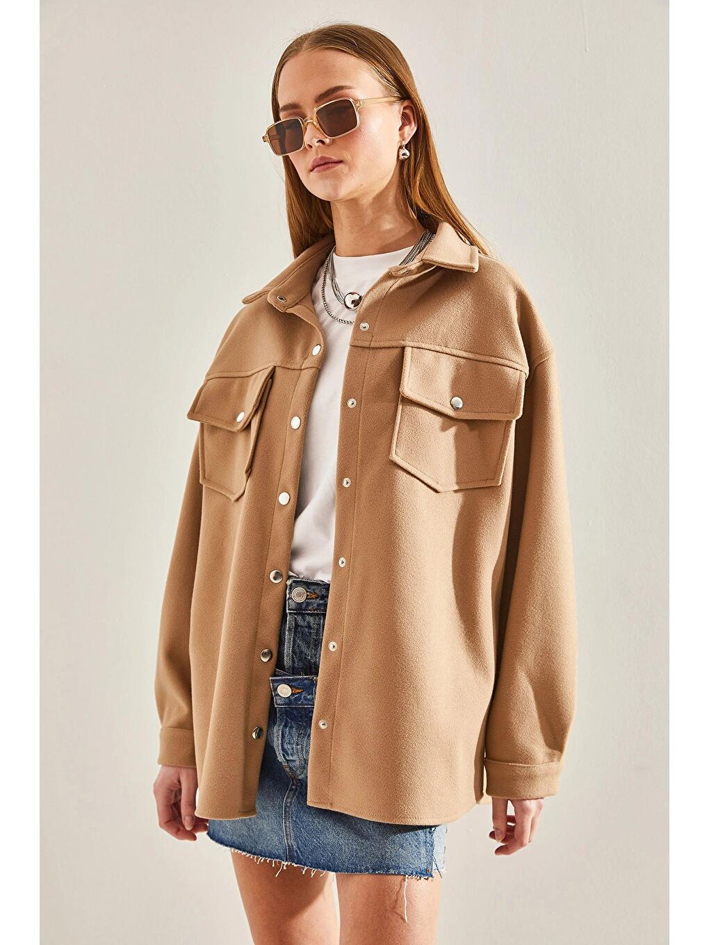 Bej Kadın Çıtçıtlı Kaşe Gömlek 4428 60101002-3