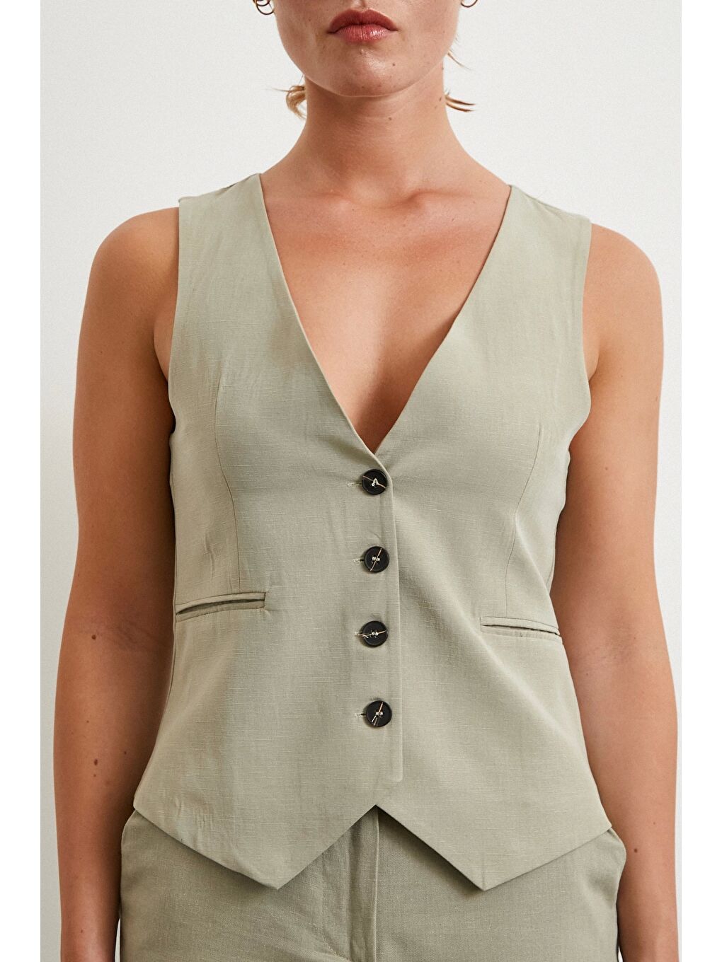 Cep Kapaklı Keten Yelek Gri-2