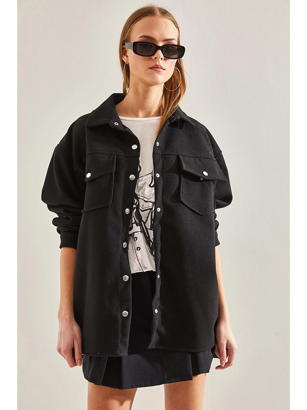 Siyah Kadın Çıtçıtlı Kaşe Gömlek 4428 60101002-4