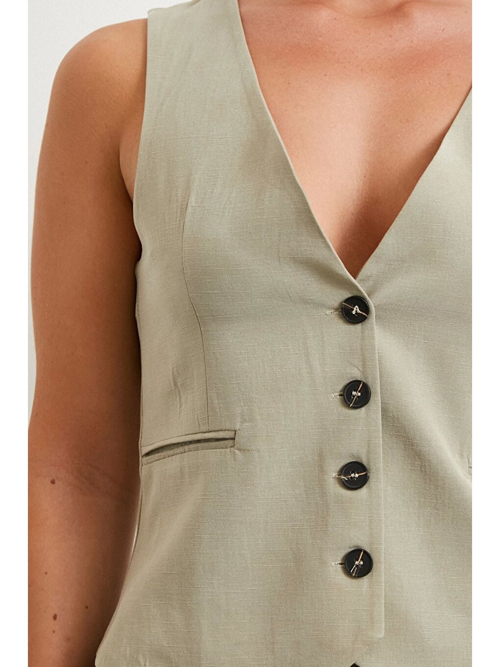 Cep Kapaklı Keten Yelek Gri-3