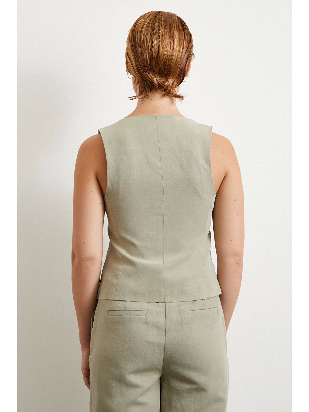 Cep Kapaklı Keten Yelek Gri-4