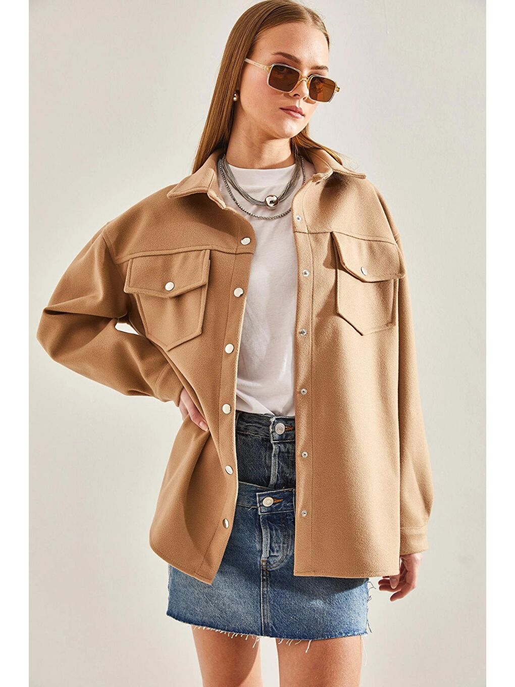 Bej Kadın Çıtçıtlı Kaşe Gömlek 4428 60101002-4